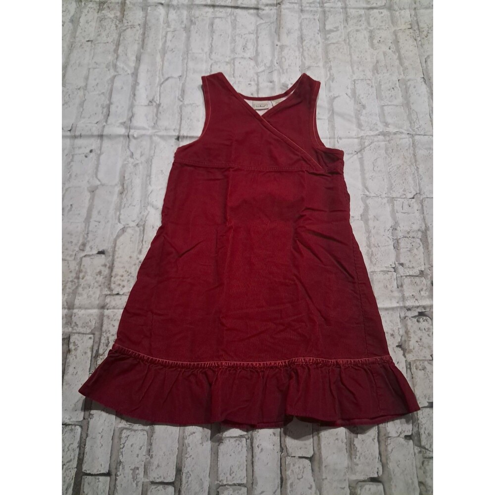 LL Bean Girls Dress Size 8 Corduroy Red V-Neck Sleeveless Ruffle Hem